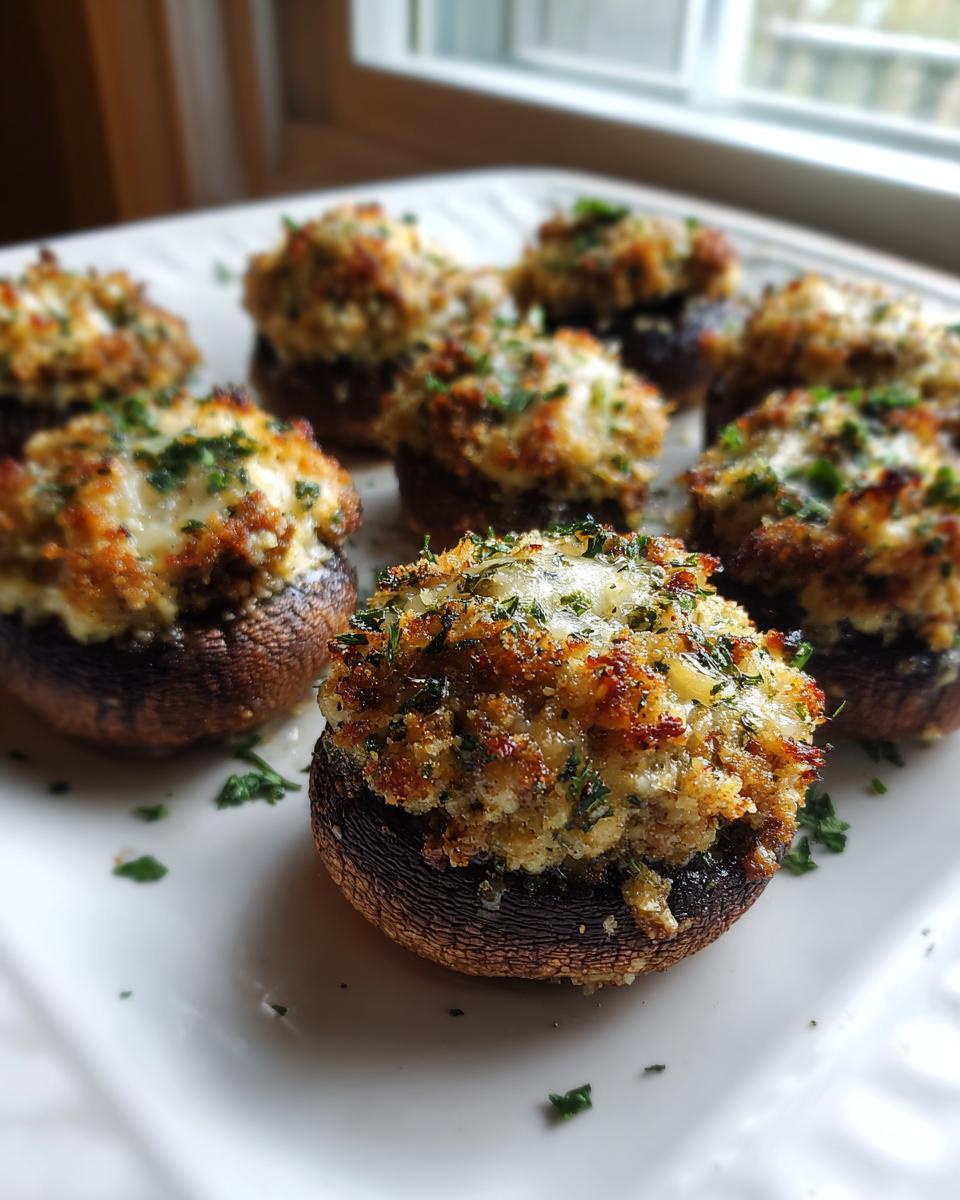A plate of golden-brown, baked sausage stuffed mushrooms topped with herbs and melted cheese.