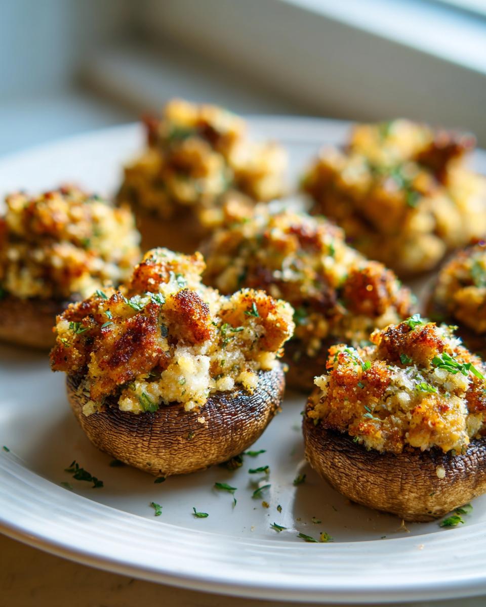 Close-up of several golden brown sausage stuffed mushrooms, topped with breadcrumbs and parsley, served on a white plate.