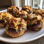 Close-up of six golden brown sausage stuffed mushrooms with cheesy, browned tops served on a white plate.