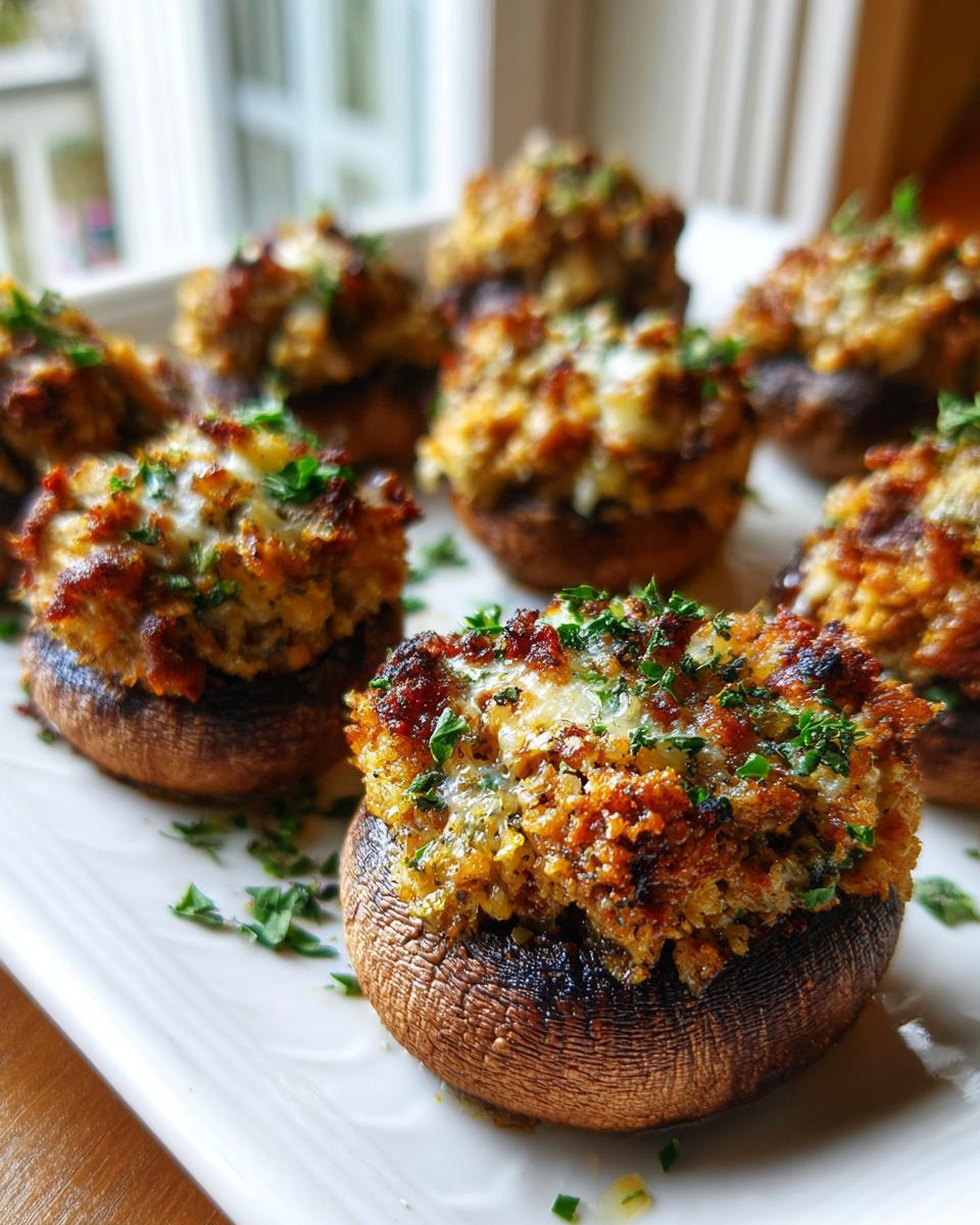 Close-up of baked sausage stuffed mushrooms topped with melted cheese and fresh parsley.