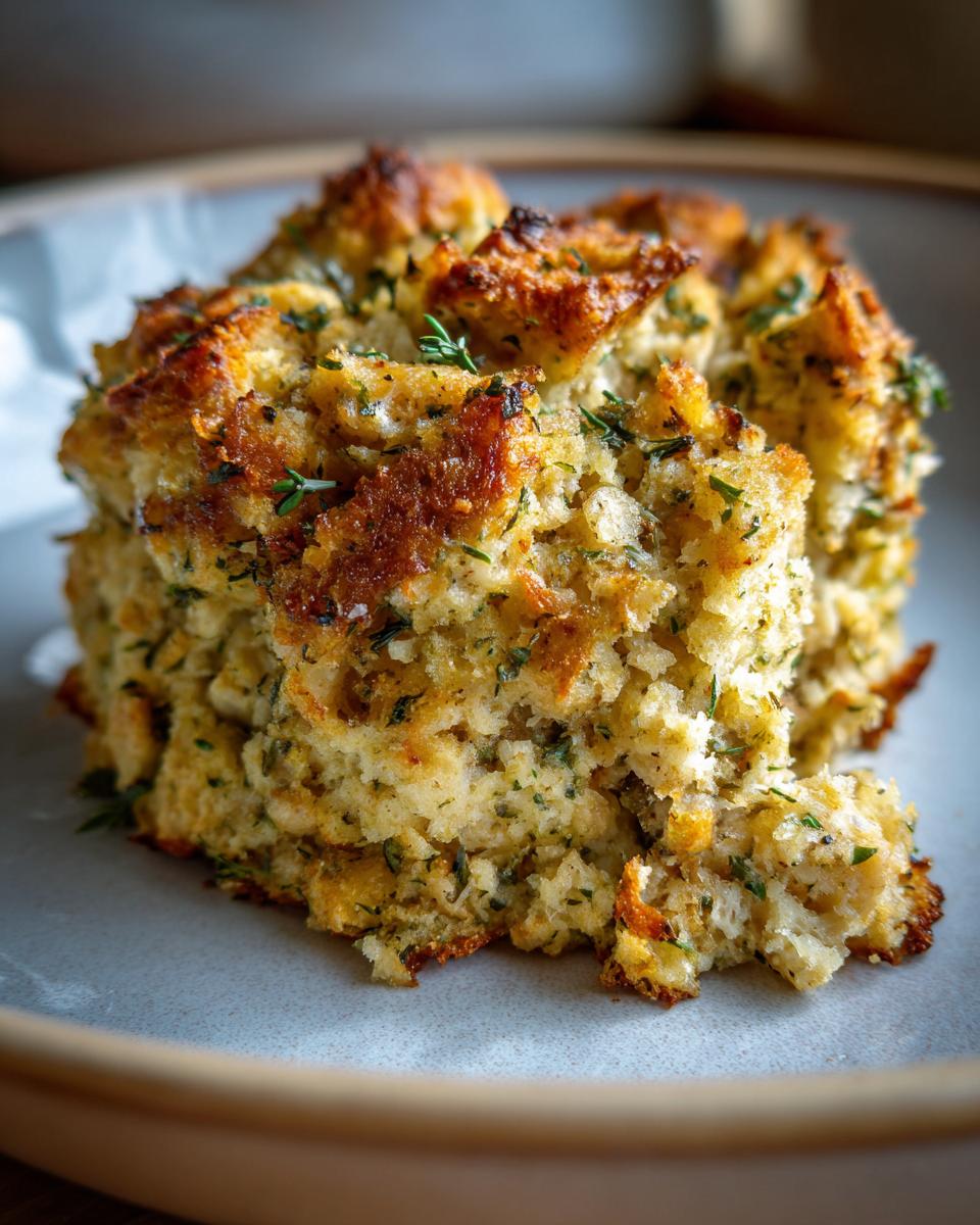 A close-up of a golden-brown, herb-flecked serving of sausage stuffing on a light plate.