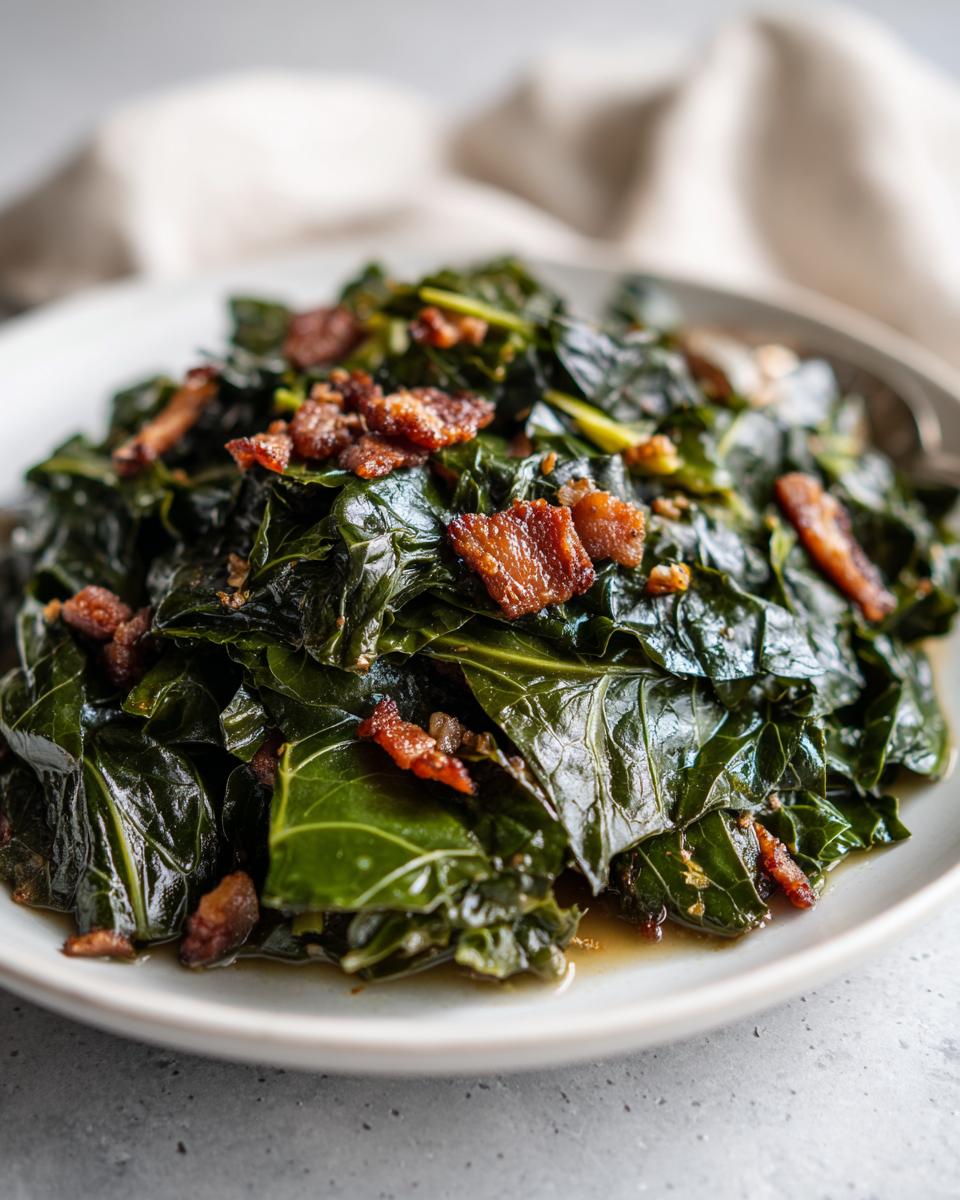 A close-up of tender, braised collard greens topped with pieces of crispy bacon.