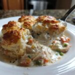 A spoonful of creamy chicken pot pie casserole filling and a golden biscuit being lifted from a white plate.