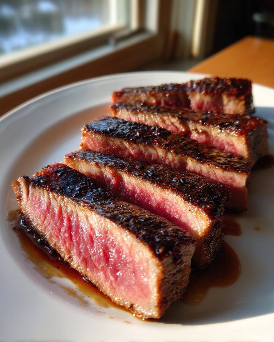 Four thick slices of perfectly seared Tuna steak, showing a bright pink, medium-rare center and dark crust, resting in sauce.