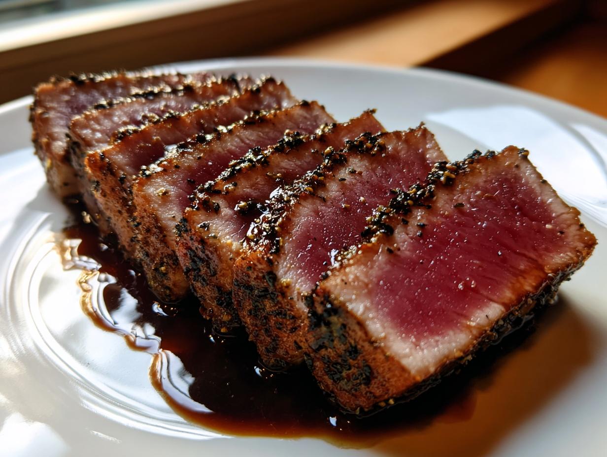 Close-up of five thick slices of rare, pepper-crusted tuna steak resting in a dark sauce on a white plate.