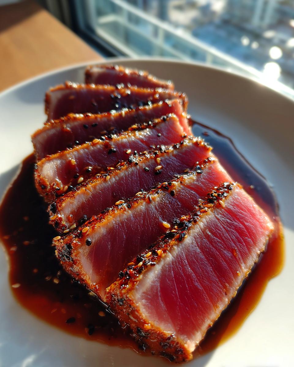 Close-up of perfectly seared Tuna steak, sliced and crusted with sesame seeds, resting in a dark sauce.