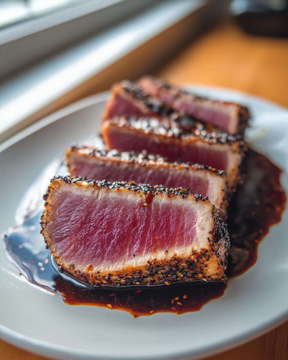 Four slices of perfectly seared tuna steak, crusted with sesame seeds and resting in a dark sauce.