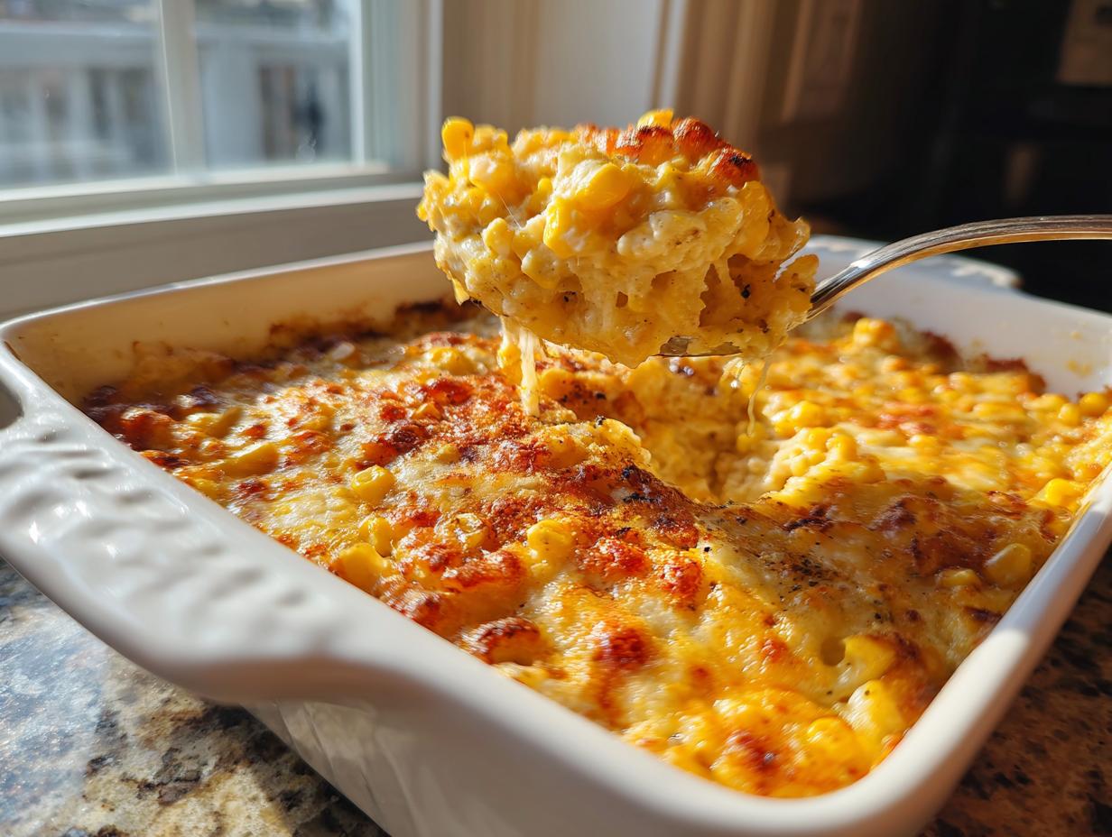 A spoonful of hot, cheesy elote dip being lifted from a white baking dish, showing melted cheese.