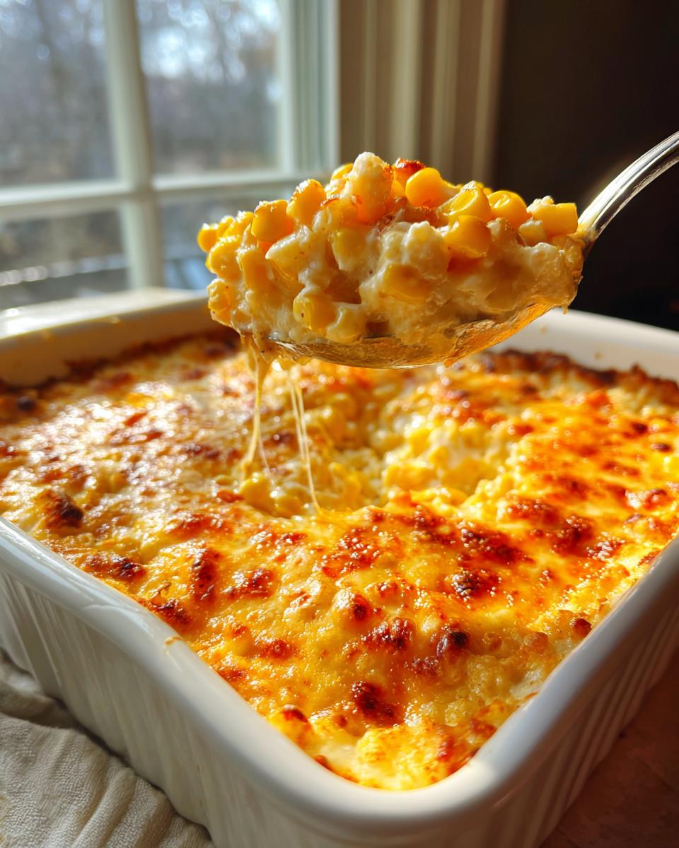 A spoonful of creamy, cheesy elote dip being lifted from a baked casserole dish with a golden-brown, bubbly top.