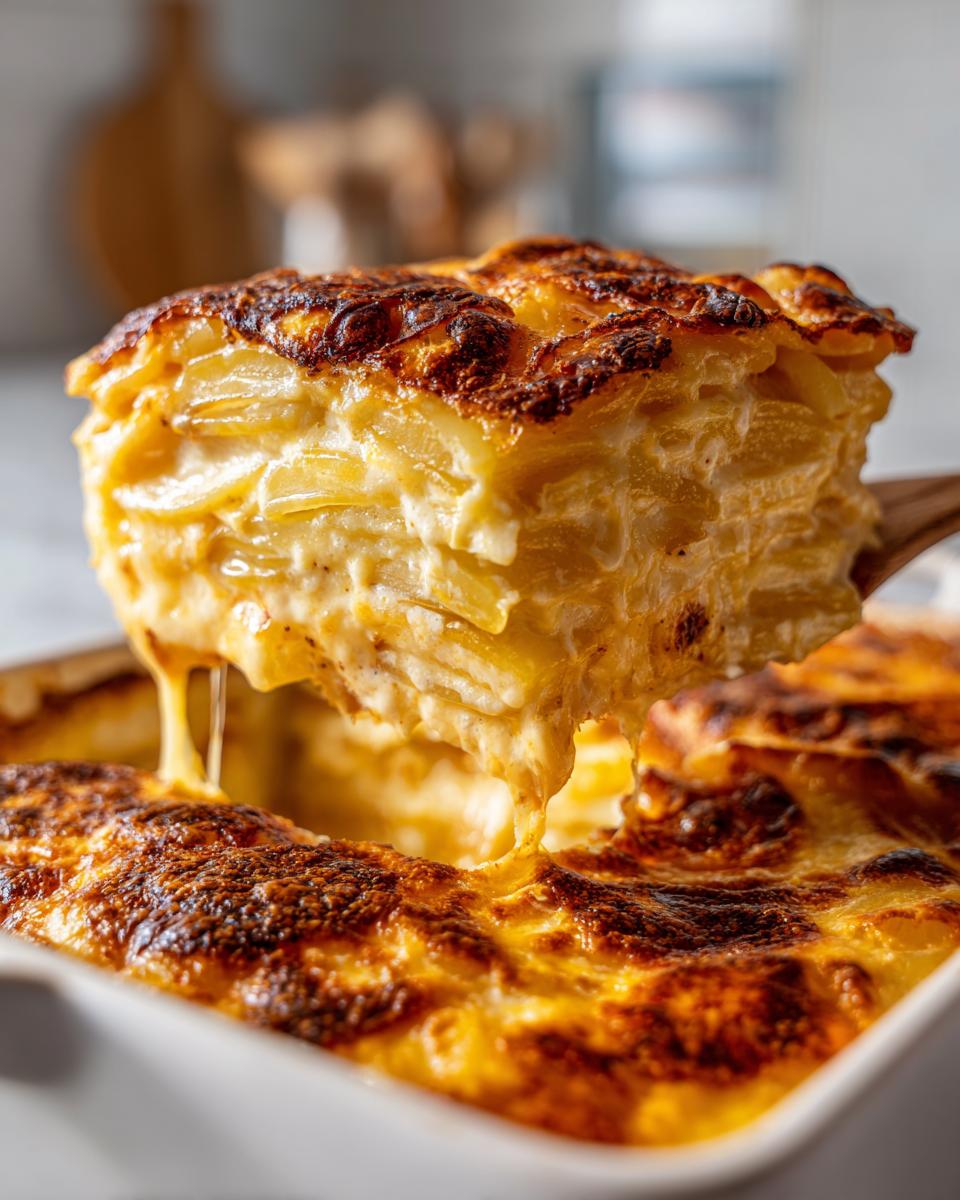 A wooden spoon lifts a rich, cheesy slice of scalloped potatoes from a baking dish, showing melted cheese strings.