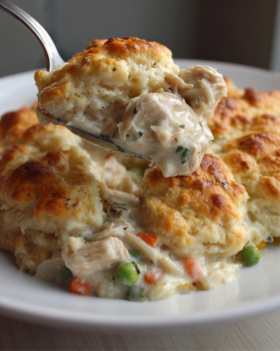 A spoonful of creamy chicken pot pie casserole filling and biscuit topping being lifted from the main dish.