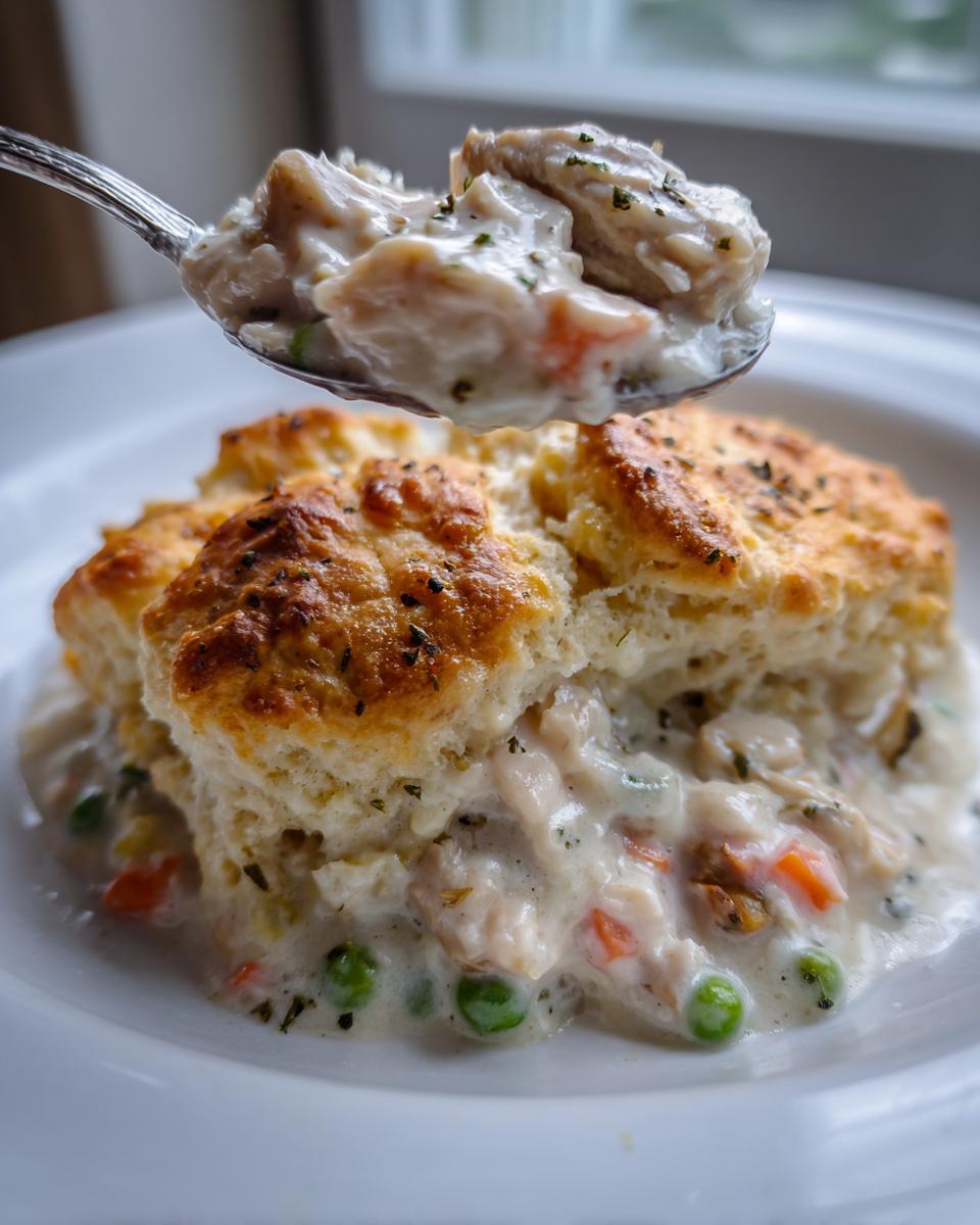 A spoonful of creamy chicken pot pie casserole filling, rich with chicken and vegetables, being lifted above the biscuit topping.