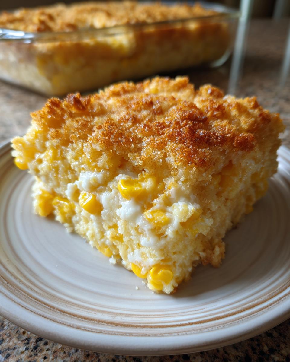 A close-up slice of baked cream cheese corn casserole showing creamy texture and whole corn kernels, topped with a golden crust.