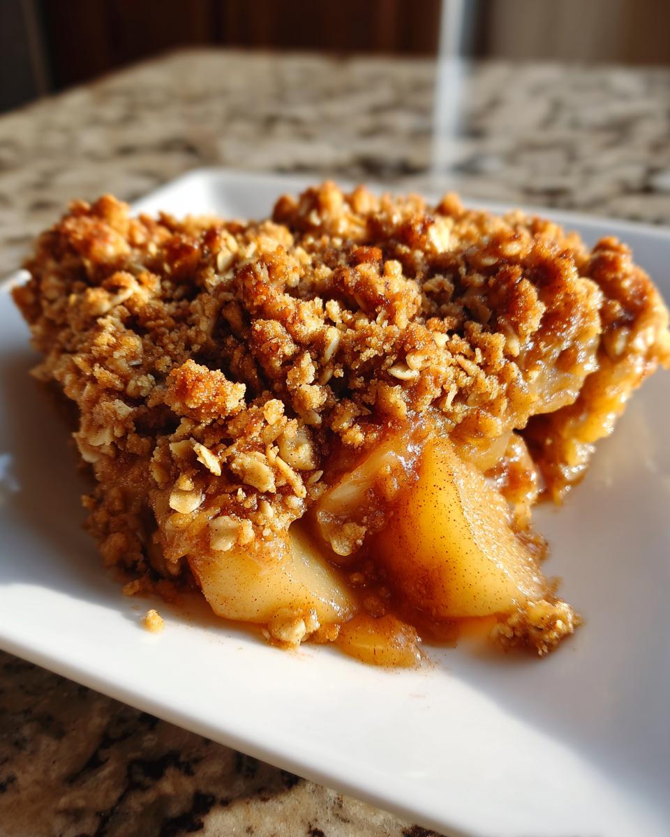 Close-up of a warm, golden slice of pear crisp with a thick, crumbly oat topping.