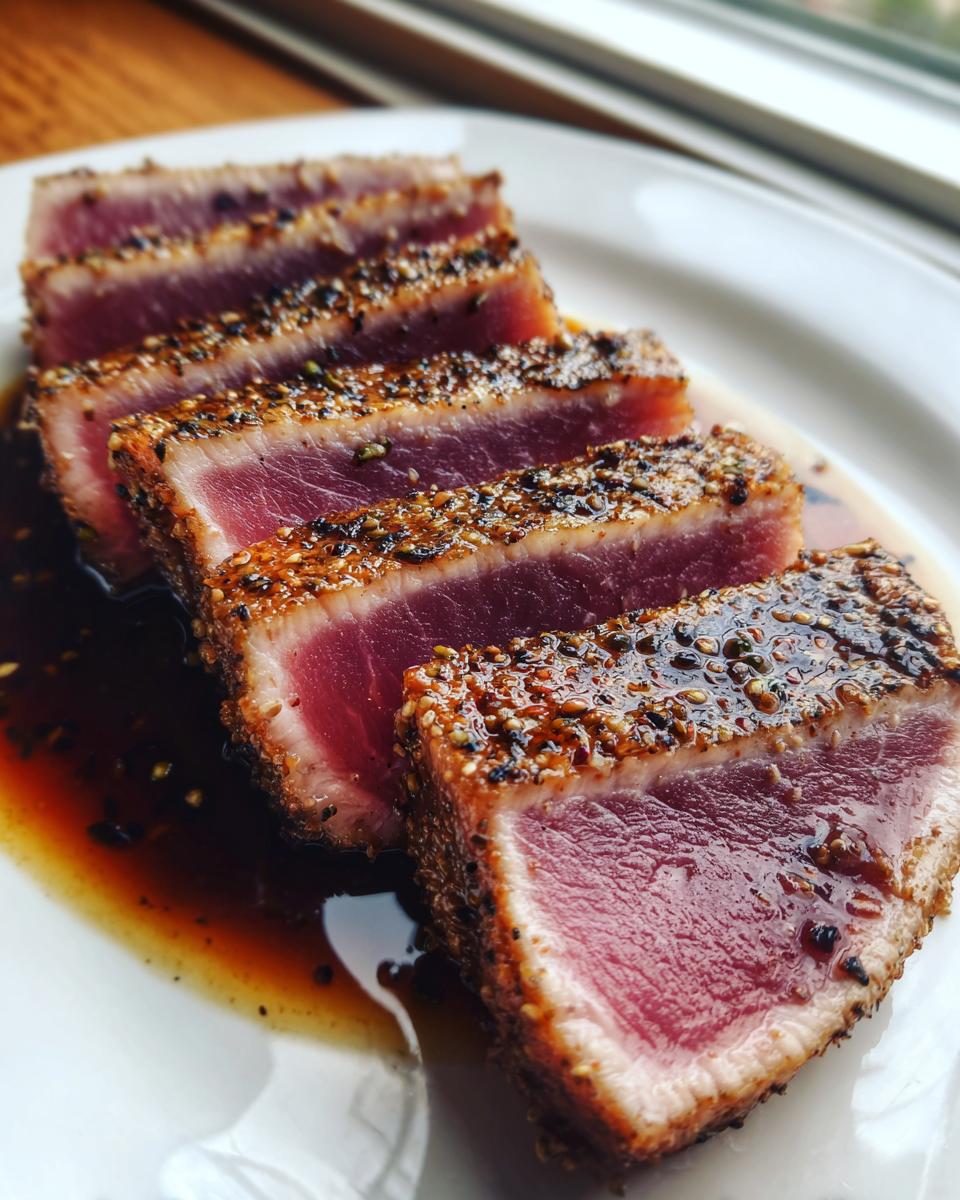 Close-up of perfectly seared sesame crusted tuna steak, sliced and resting in a dark sauce.