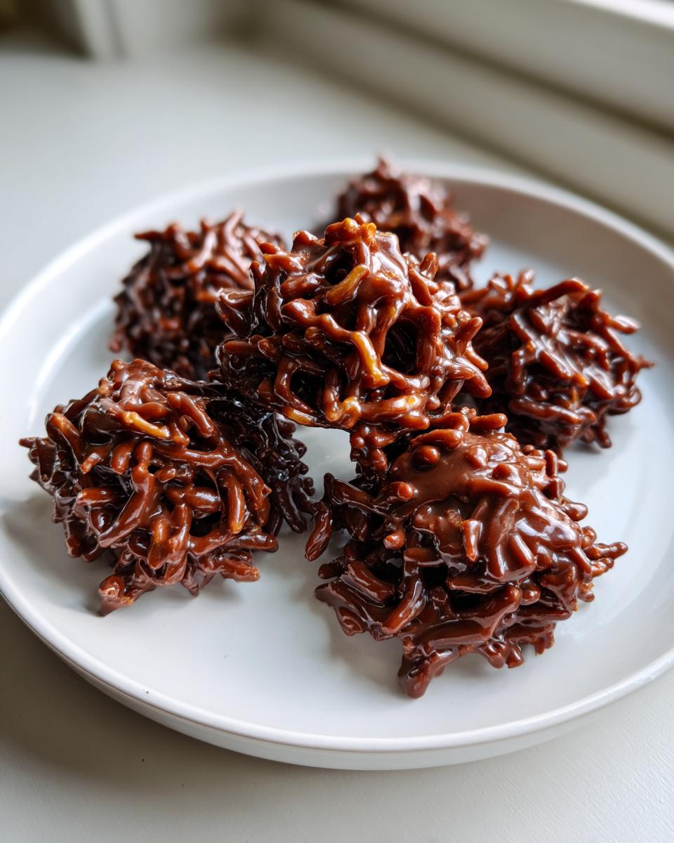 Five glossy, chocolate-coated haystack cookies clustered together on a white plate.