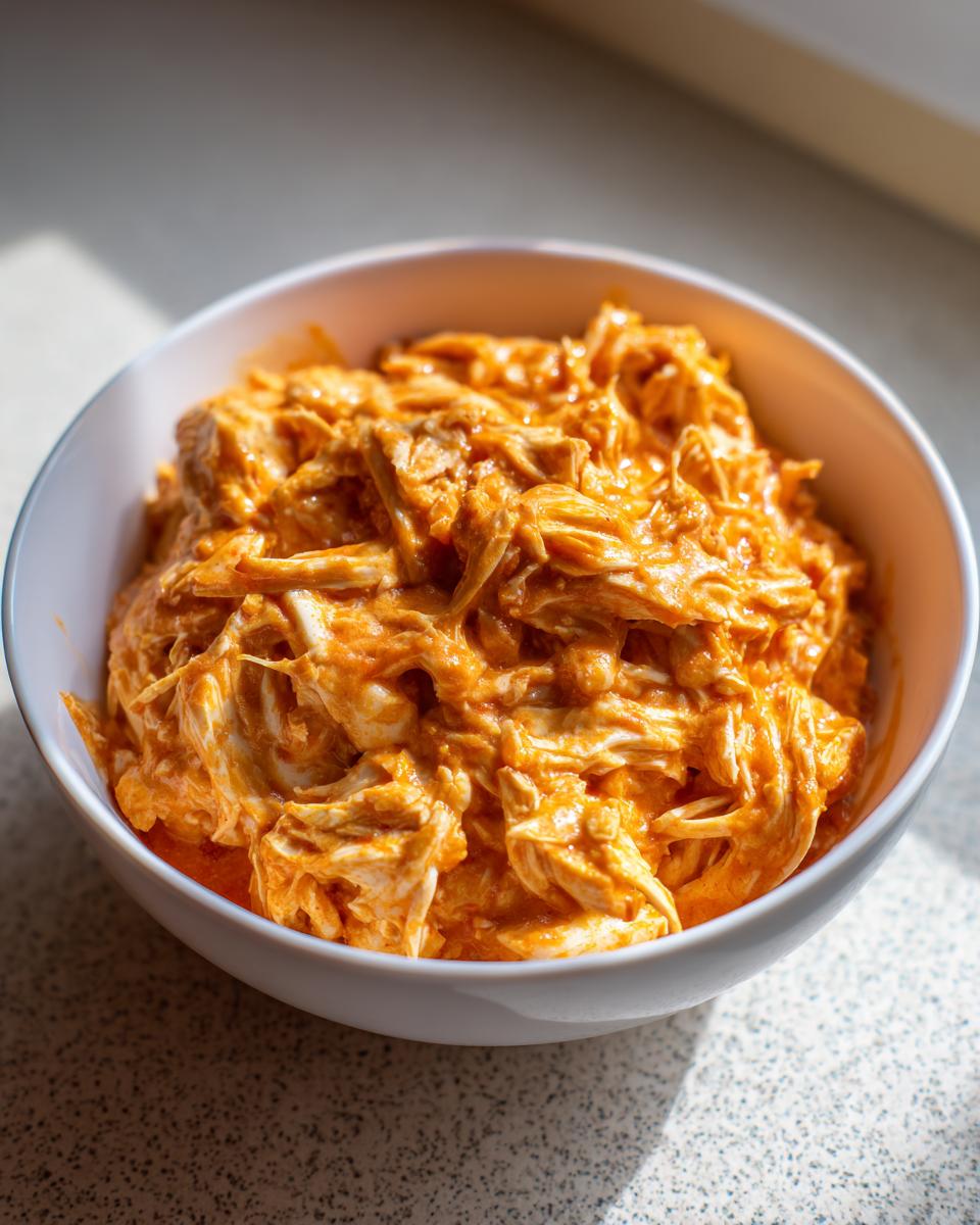 Close-up of shredded chicken coated in bright orange buffalo sauce, ready for buffalo chicken chili.