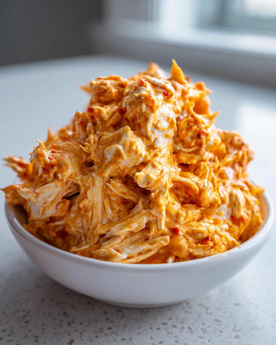 Close-up of shredded chicken mixed with creamy orange sauce, likely a key component for buffalo chicken chili.