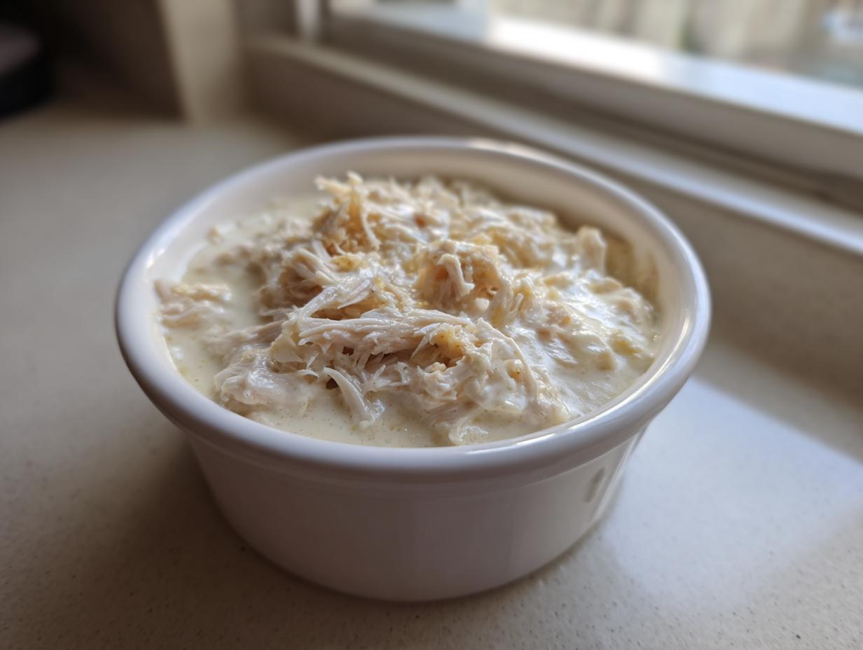 Close-up of shredded chicken submerged in creamy sauce, representing homemade cream of chicken soup.