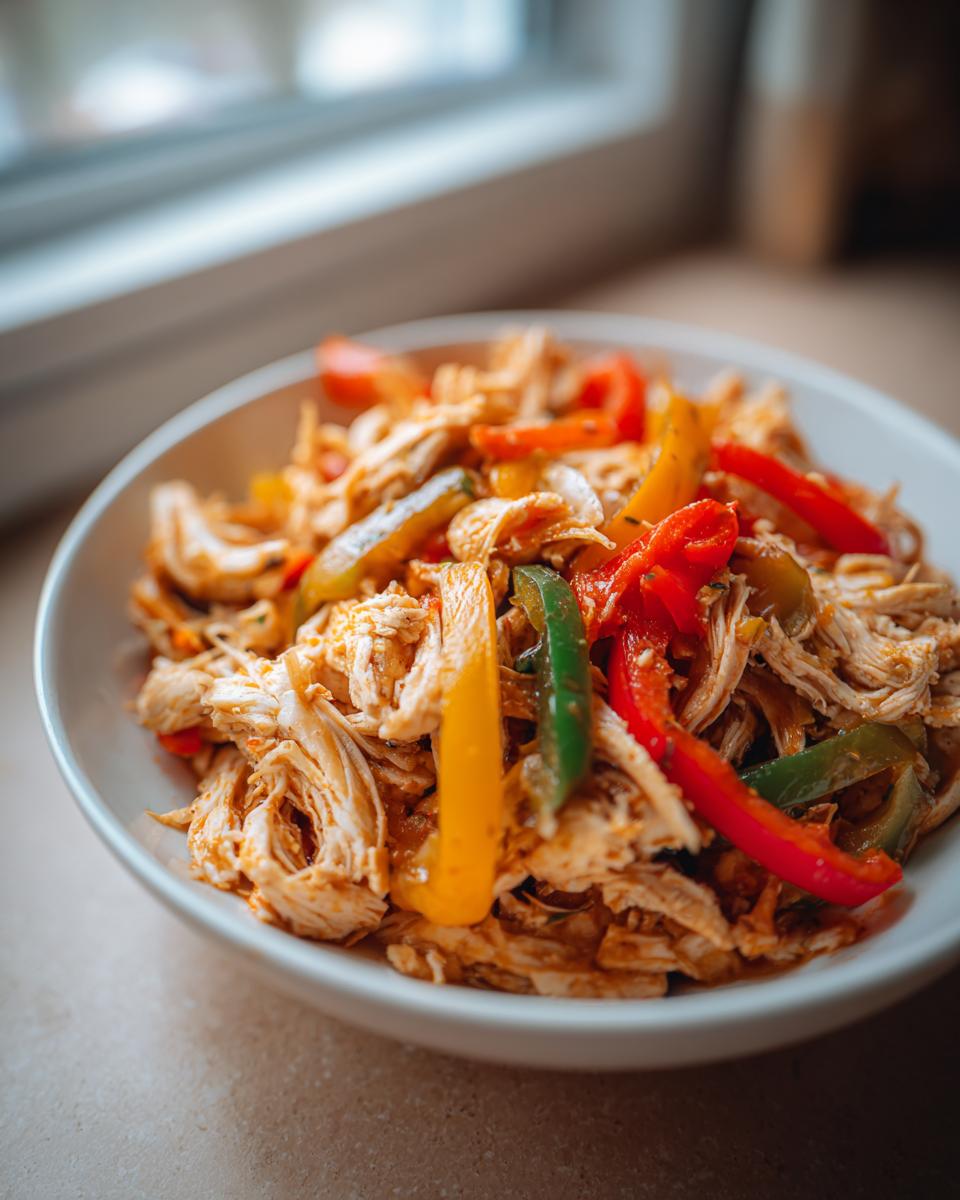 A close-up of shredded chicken mixed with colorful bell pepper strips, ready for crockpot chicken fajitas.
