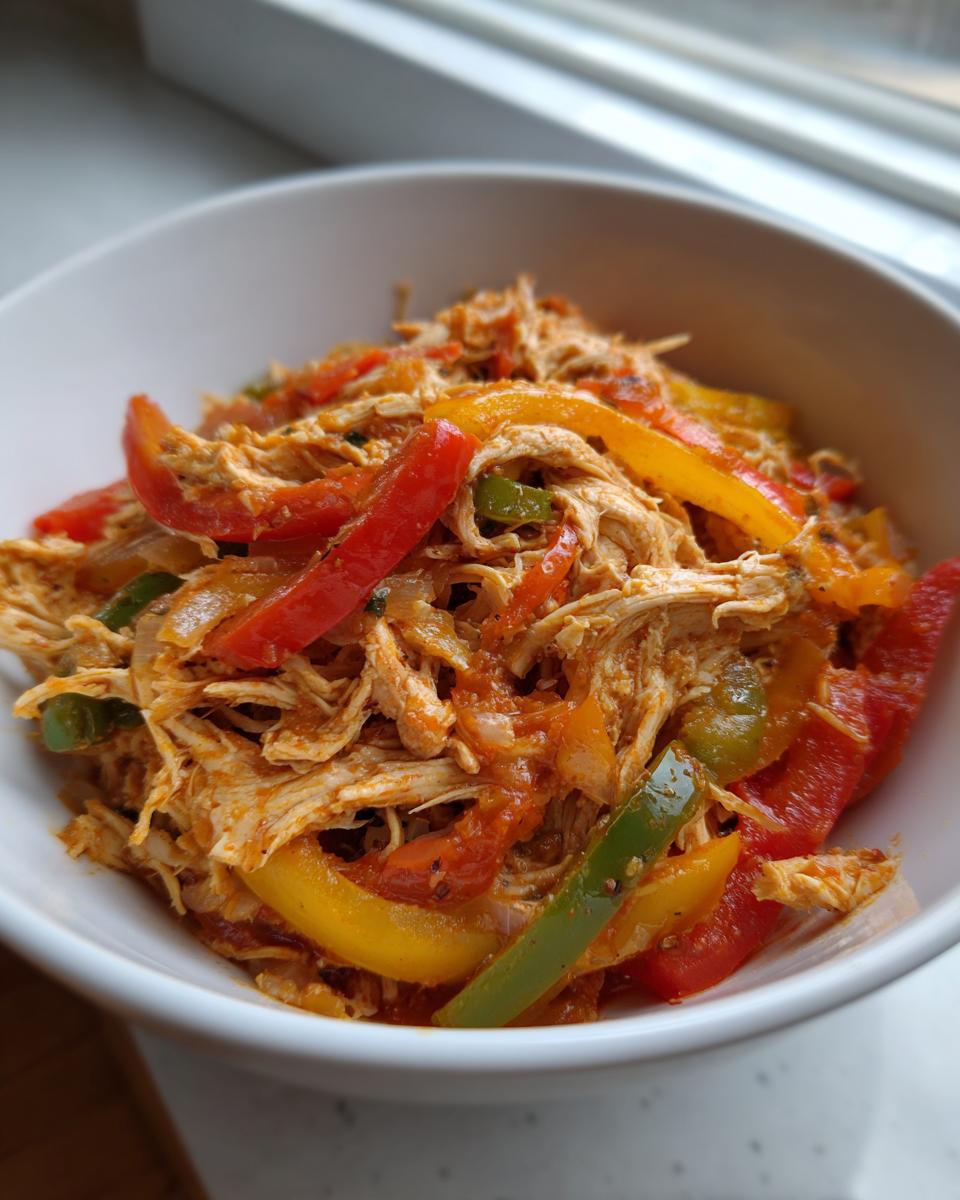 Close-up of shredded chicken mixed with colorful bell peppers and onions for crockpot chicken fajitas served in a white bowl.