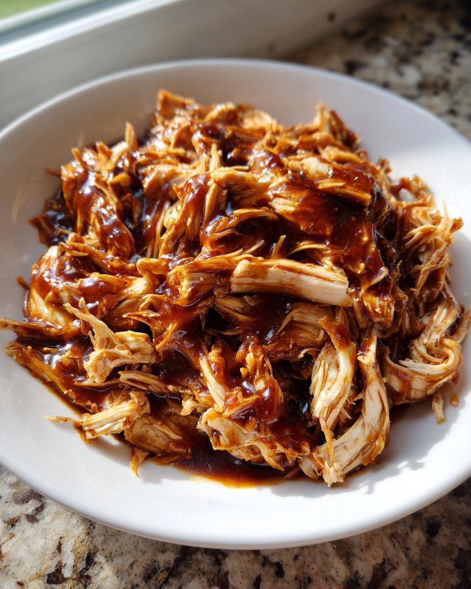 A white bowl filled with shredded crockpot teriyaki chicken coated in a rich, dark teriyaki sauce.