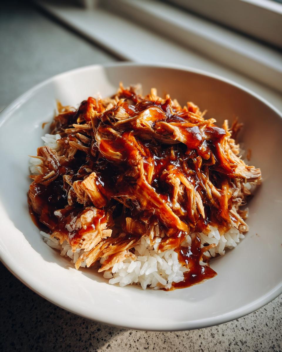 A white bowl filled with white rice topped with shredded crockpot teriyaki chicken drizzled generously with teriyaki sauce.