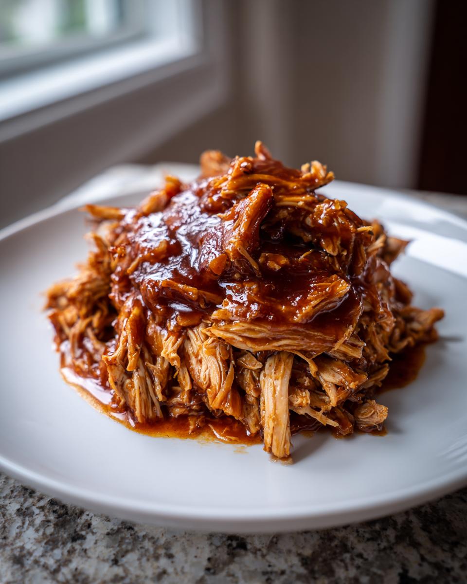 A close-up of shredded crockpot teriyaki chicken generously coated in glossy teriyaki sauce, served on a white plate.