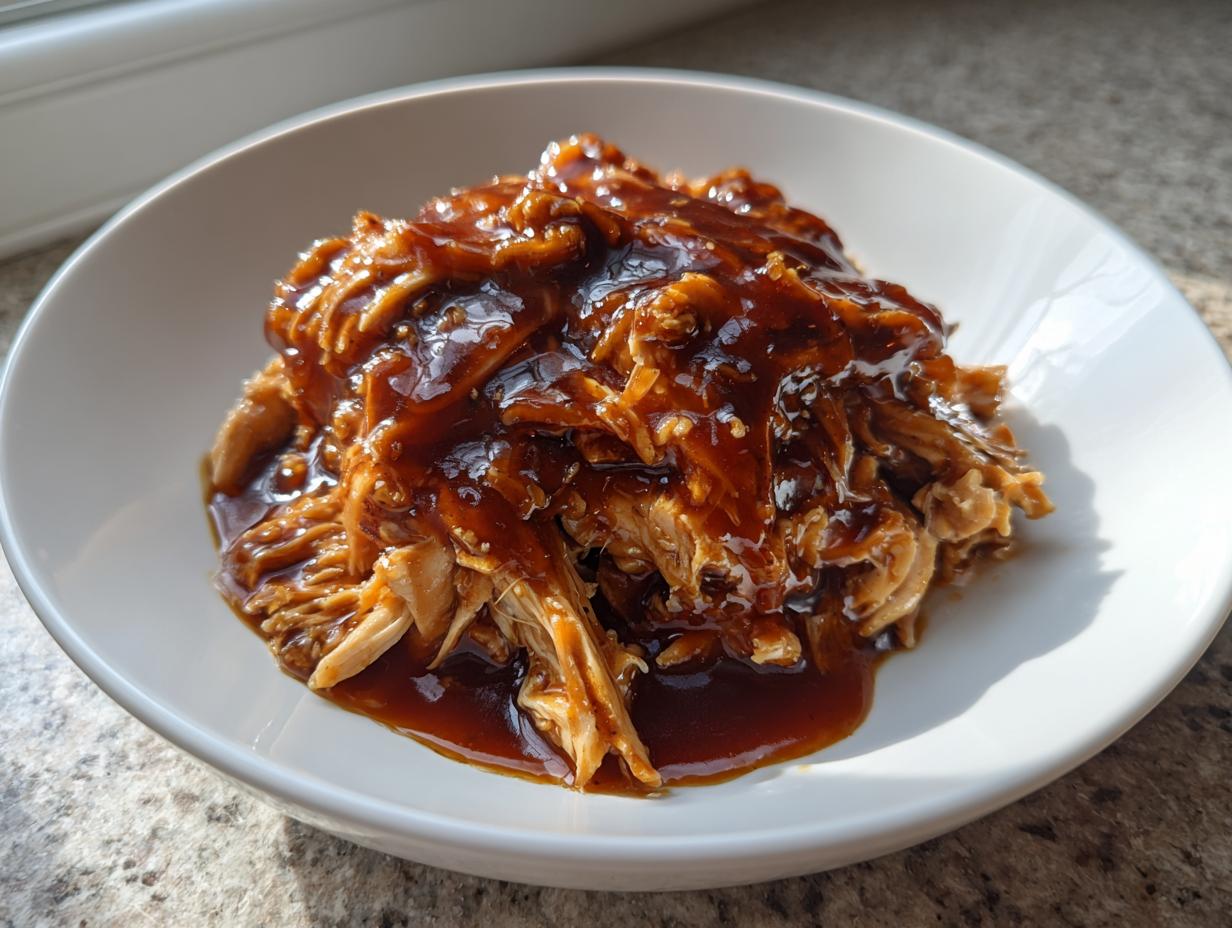 A close-up of shredded crockpot teriyaki chicken smothered in glossy teriyaki sauce served in a white bowl.
