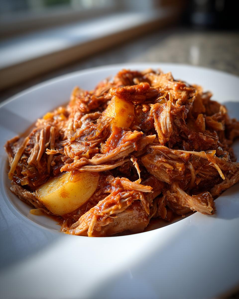 Close-up of tender, shredded pork and sauerkraut mixture with visible chunks of apple on a white plate.