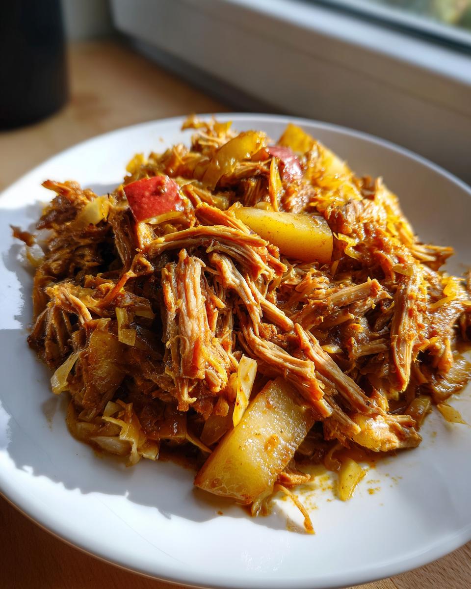 Close-up of tender shredded pork and sauerkraut mixed with chunks of cooked apple, served on a white plate.