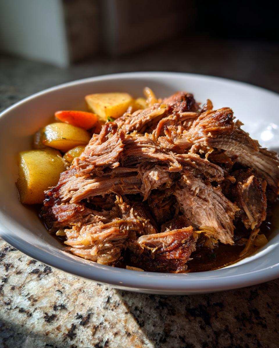 A close-up of tender, shredded pork and sauerkraut served with roasted potatoes in a white bowl.