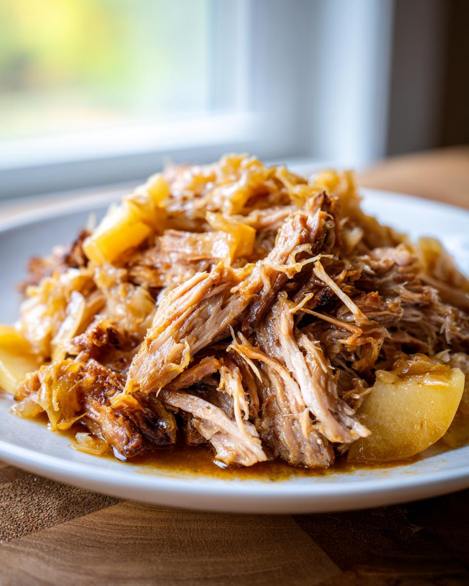 Close-up of tender, shredded pork and sauerkraut served on a white plate, glistening with sauce.