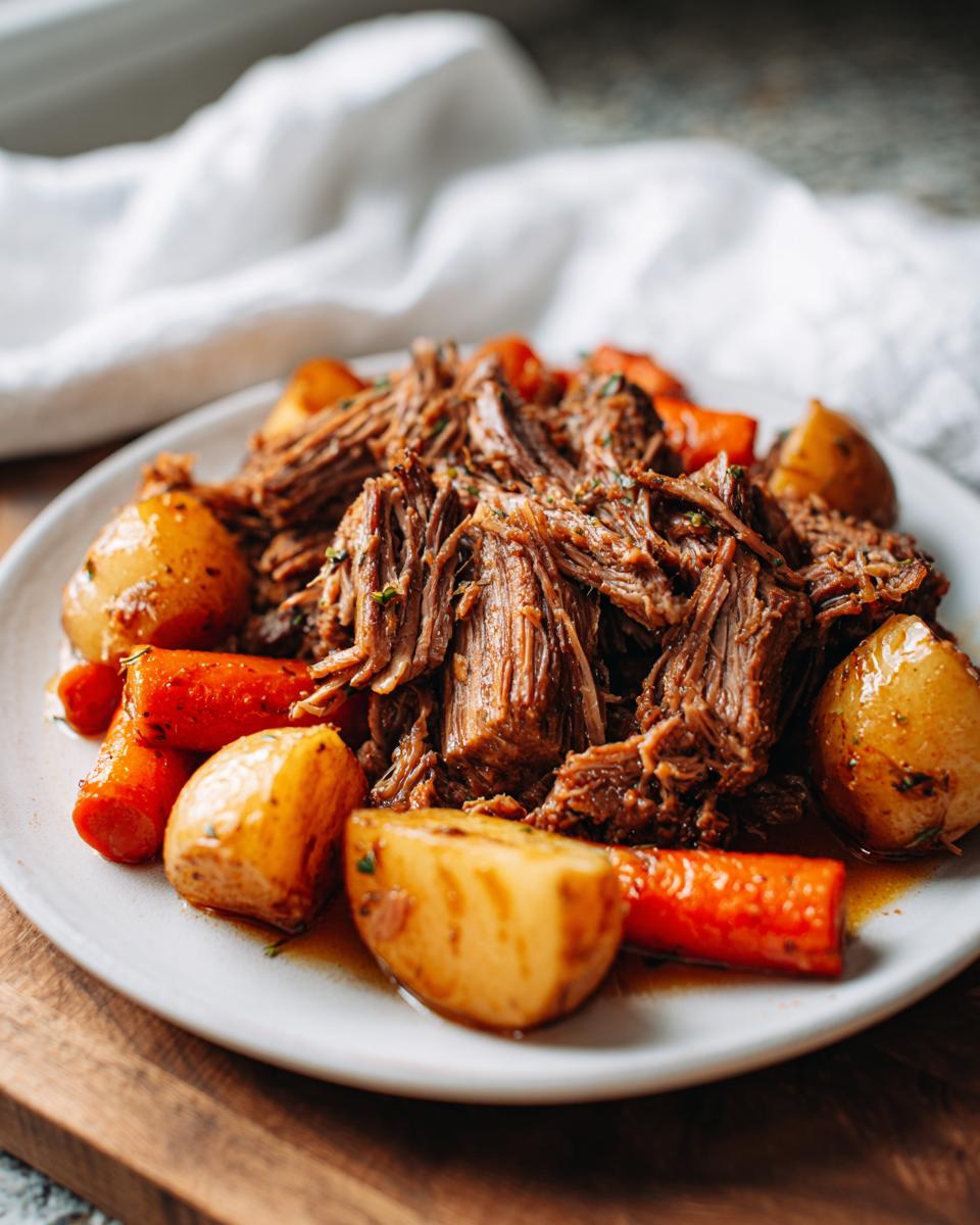 A plate of tender, shredded pot roast served with large chunks of cooked carrots and potatoes.