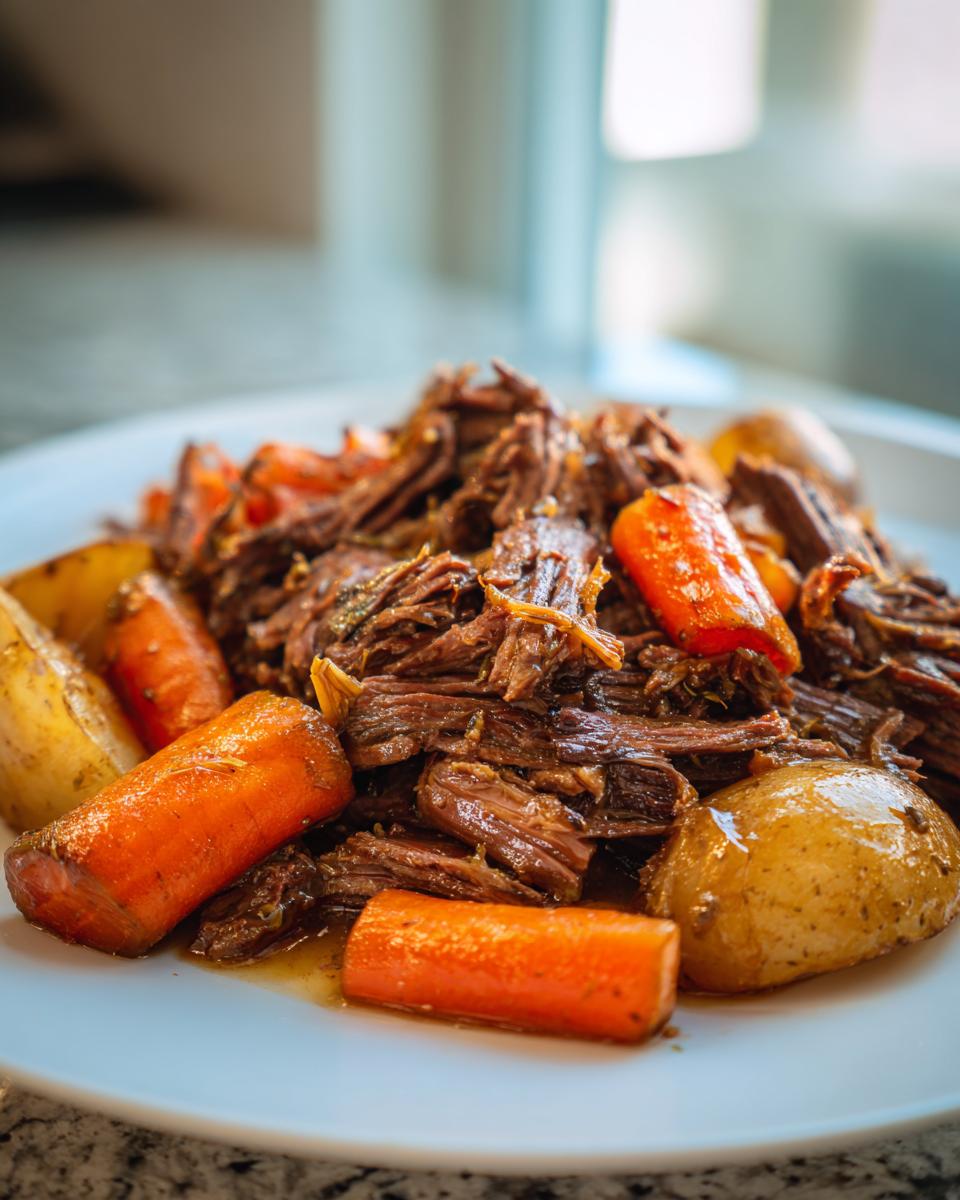 A close-up of tender, shredded pot roast served with chunks of cooked carrots and potatoes on a white plate.