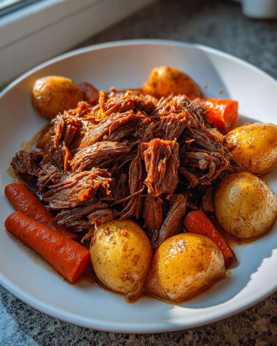 A white bowl filled with shredded pot roast, whole small potatoes, and large carrot pieces, glistening with savory sauce.