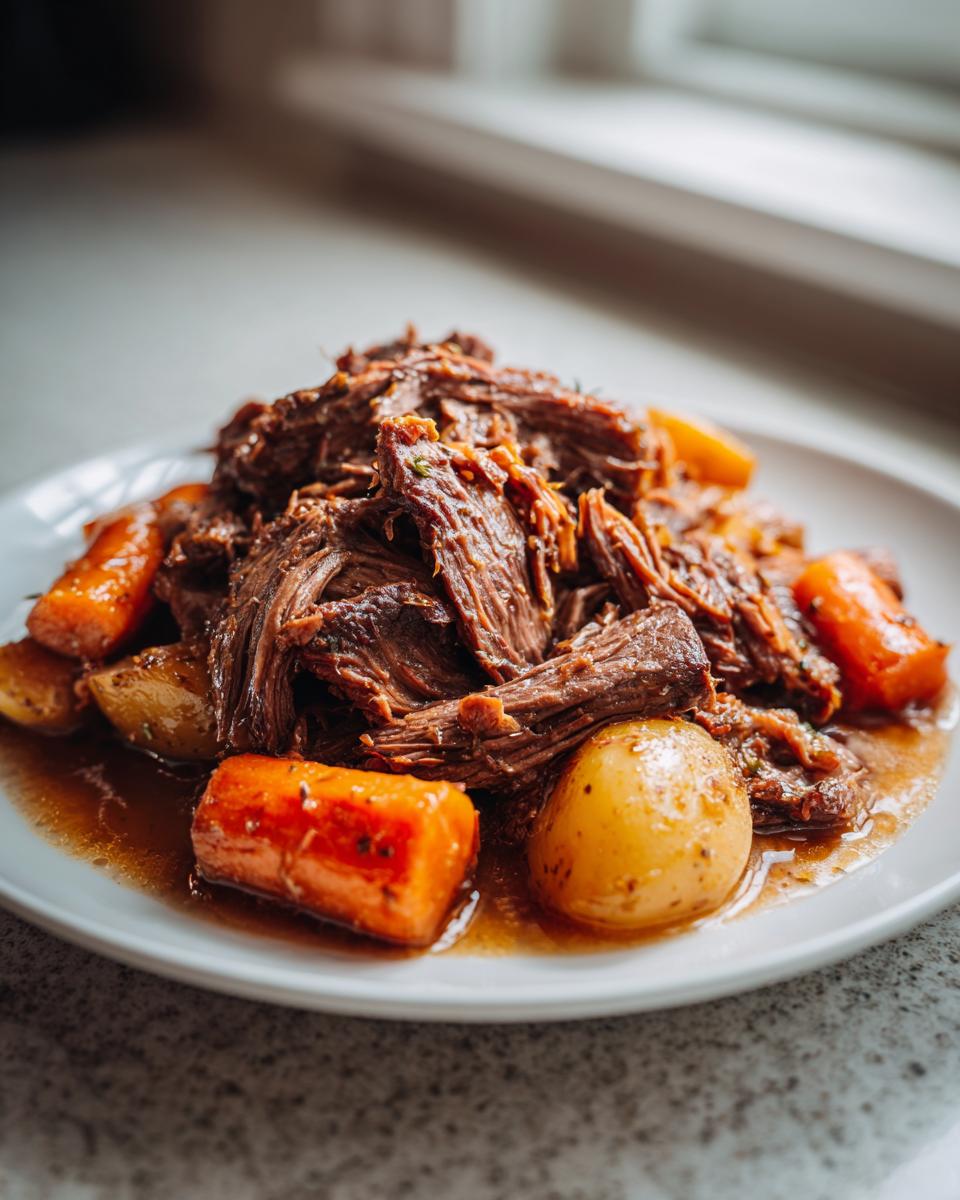 A plate of tender, shredded pot roast served with chunks of cooked carrots and small potatoes in rich gravy.