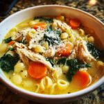 Close-up of a steaming bowl of Sicilian chicken soup featuring shredded chicken, carrots, pasta, spinach, and grated Parmesan cheese.