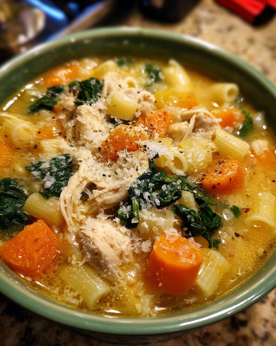 Close-up of a bowl of rich Sicilian chicken soup featuring shredded chicken, carrots, pasta, spinach, and grated cheese.