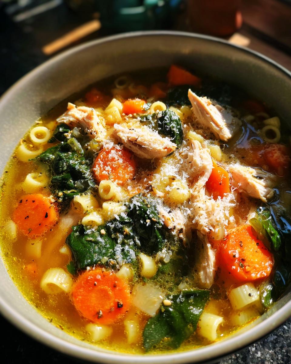 Close-up of a bowl of Sicilian chicken soup featuring shredded chicken, carrots, spinach, pasta, and grated cheese.