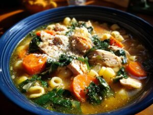Close-up of a bowl of Sicilian chicken soup featuring chunks of chicken, carrots, spinach, pasta, and grated cheese.