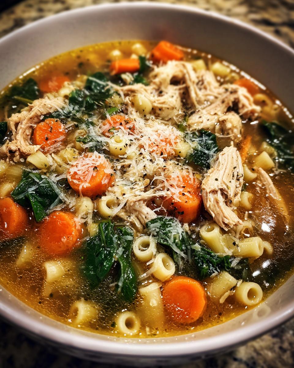 Close-up of a bowl of Sicilian chicken soup featuring shredded chicken, sliced carrots, greens, pasta, and grated cheese.