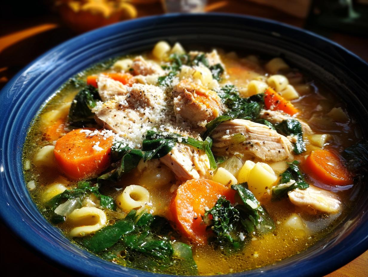 Close-up of a bowl of Sicilian chicken soup featuring chunks of chicken, carrots, spinach, pasta, and grated cheese.