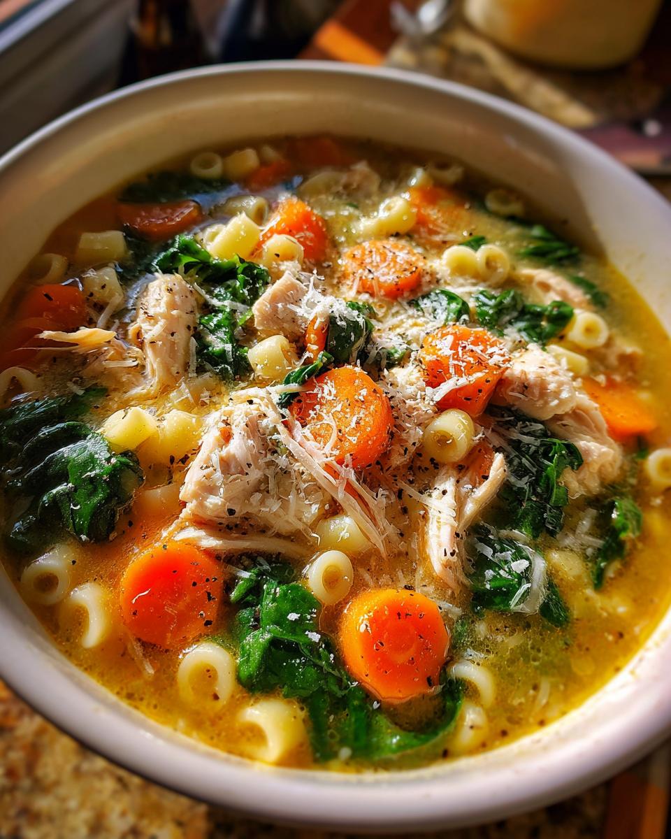 Close-up of a steaming bowl of Sicilian chicken soup featuring shredded chicken, bright orange carrots, green spinach, and pasta, topped with Parmesan cheese.