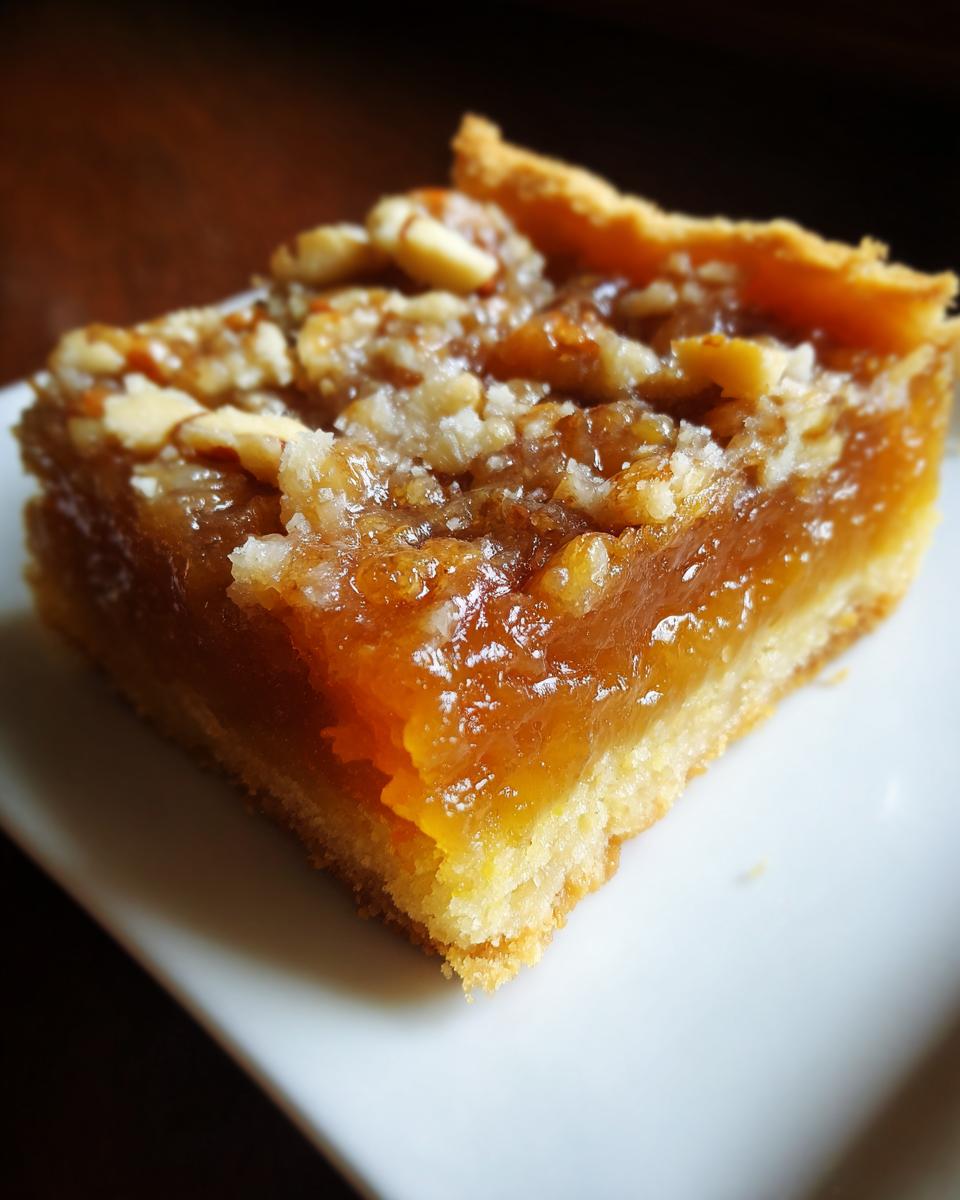A close-up view of a single, gooey pecan pie bars slice showing the buttery crust and sticky pecan topping.