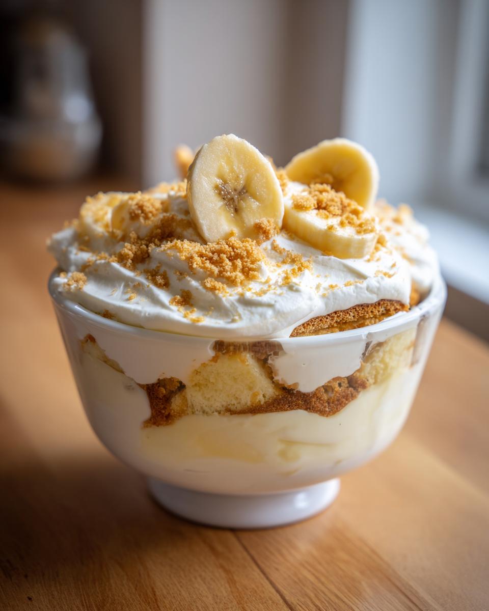 Close-up of a single serving of delicious banana pudding layered with vanilla wafers, custard, and whipped cream, topped with fresh banana slices.