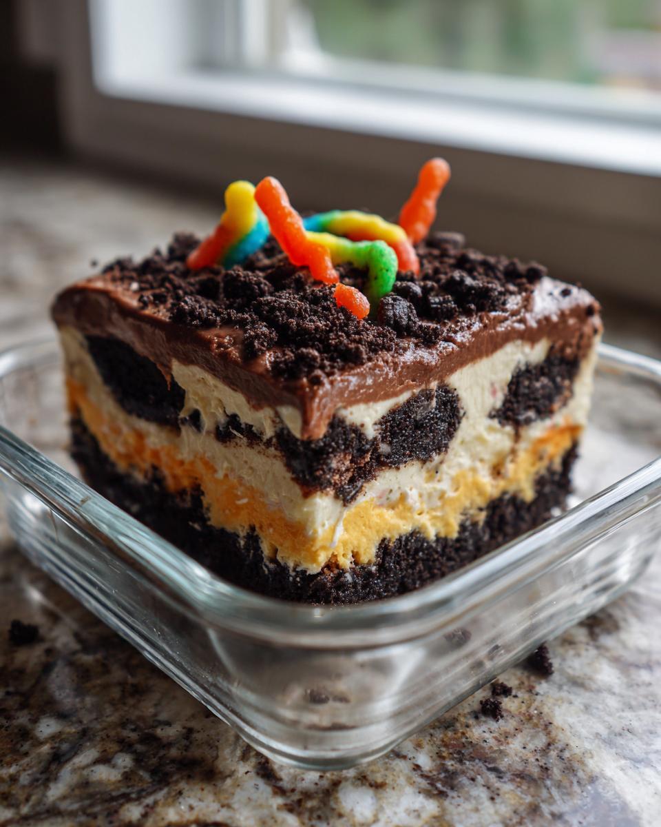 A single serving of layered dirt cake in a glass dish, topped with crushed cookies and colorful gummy worms.