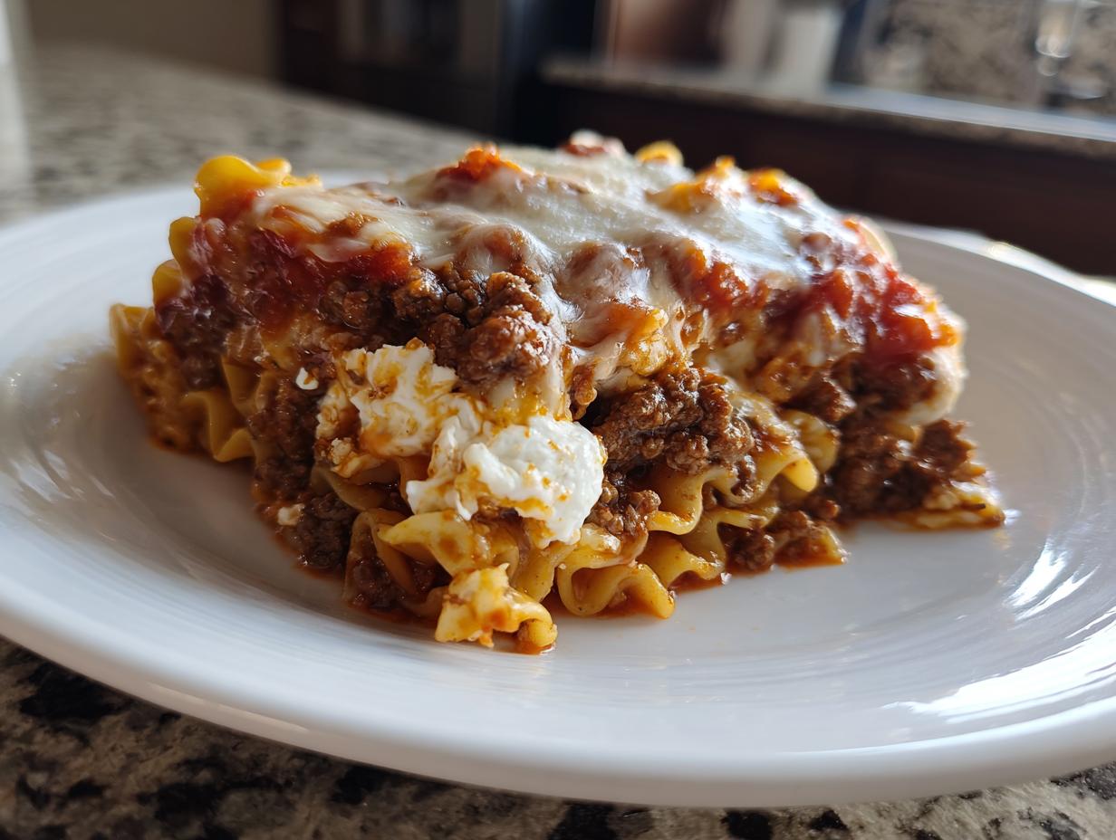 A generous serving of cheesy, meaty skillet lasagna with ruffled noodles on a white plate.