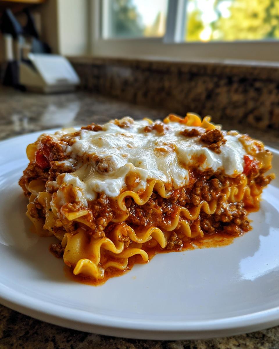 A generous slice of rich skillet lasagna with wavy noodles, meat sauce, and melted cheese topping.