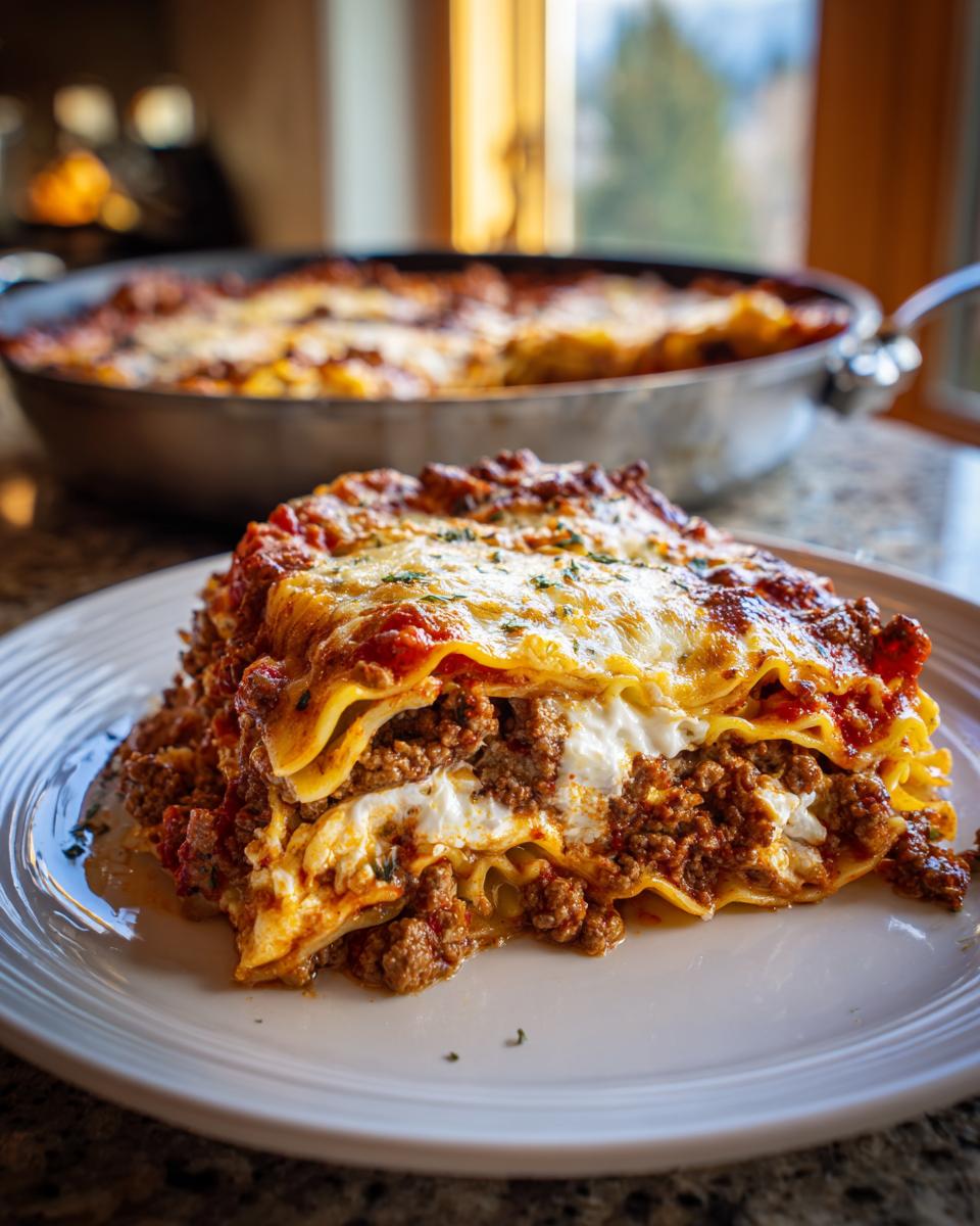 A generous slice of cheesy, meaty skillet lasagna served on a white plate with the rest of the dish blurred in the background.